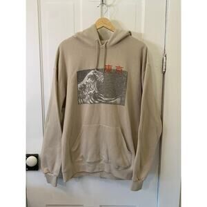 Retro Bowery Supply Co Tokyo Japan Graphic Wave Tan Hoodie Sweatshirt Size large